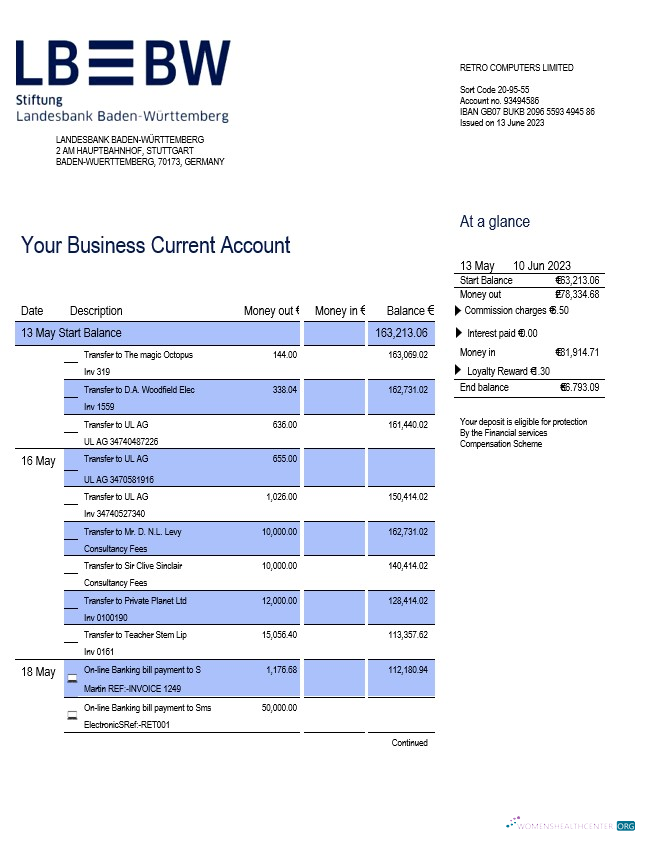 Landesbank Baden Württemberg enterprise account statement Word and PDF template